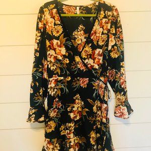 Black & Floral Satin Wrap Dress with Ruffles